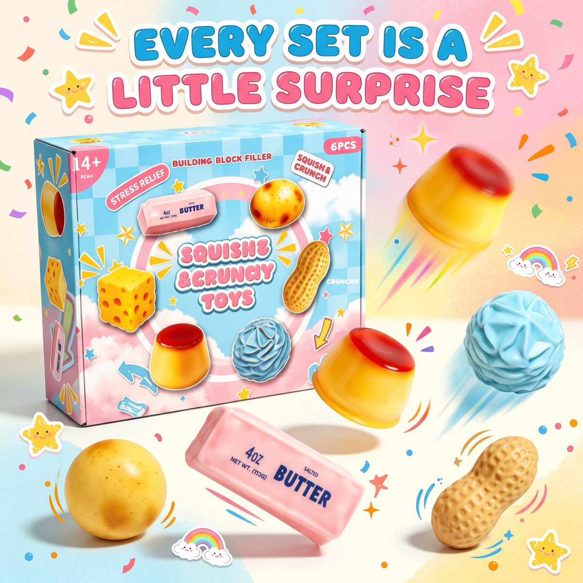 6 Pack Crunchy Squishy Set, Slow Rising Crunchy Squishies ASMR Filled, Squeeze Stress Relief Balls for Adults, Includes Butter Block, Cheese, Pudding, Ball, Cream, Peanut
