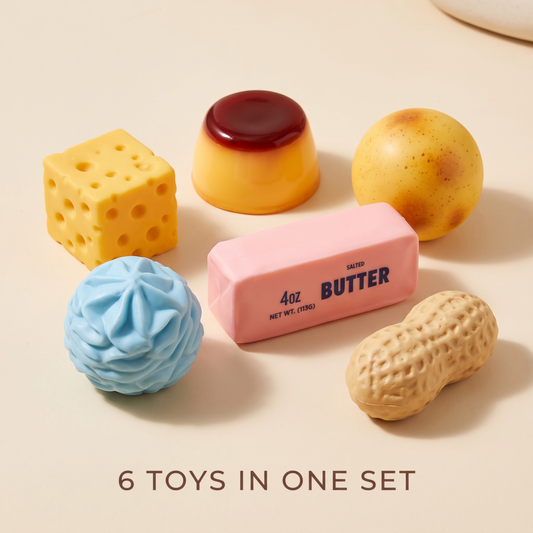 6 Pack Crunchy Squishy Set, Slow Rising Crunchy Squishies ASMR Filled, Squeeze Stress Relief Balls for Adults, Includes Butter Block, Cheese, Pudding, Ball, Cream, Peanut