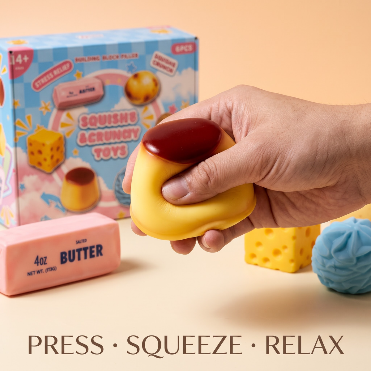 6 Pack Crunchy Squishy Set, Slow Rising Crunchy Squishies ASMR Filled, Squeeze Stress Relief Balls for Adults, Includes Butter Block, Cheese, Pudding, Ball, Cream, Peanut